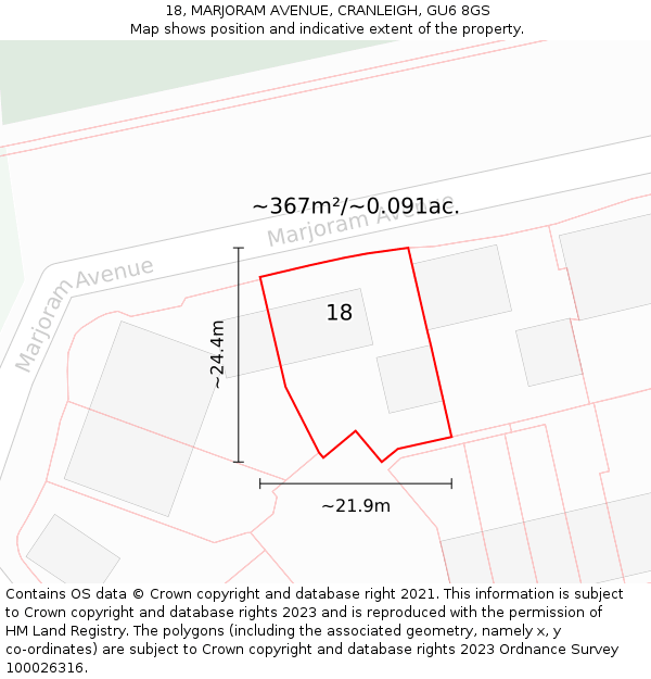 18, MARJORAM AVENUE, CRANLEIGH, GU6 8GS: Plot and title map