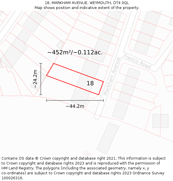 18, MARKHAM AVENUE, WEYMOUTH, DT4 0QL: Plot and title map