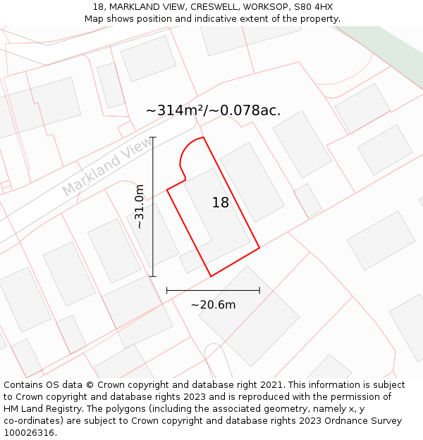 18, MARKLAND VIEW, CRESWELL, WORKSOP, S80 4HX: Plot and title map