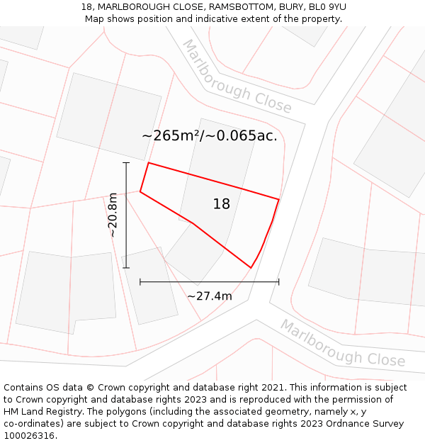18, MARLBOROUGH CLOSE, RAMSBOTTOM, BURY, BL0 9YU: Plot and title map