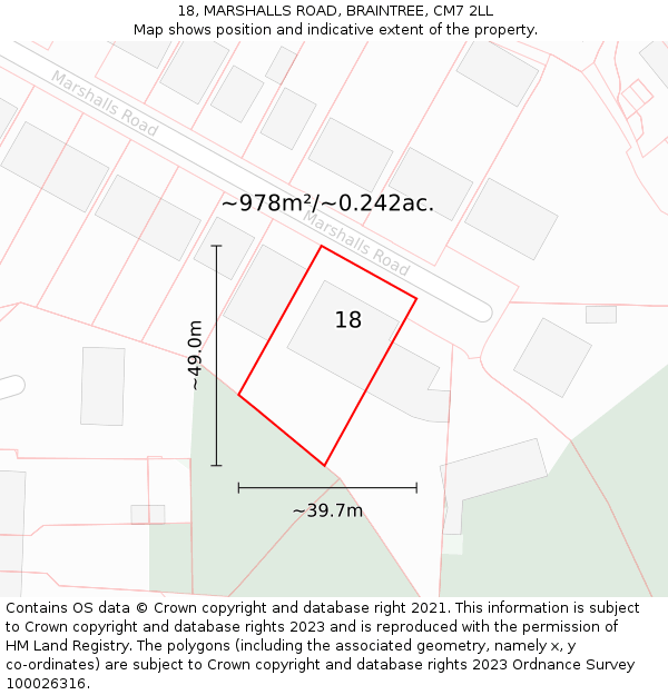 18, MARSHALLS ROAD, BRAINTREE, CM7 2LL: Plot and title map
