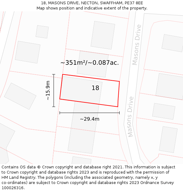 18, MASONS DRIVE, NECTON, SWAFFHAM, PE37 8EE: Plot and title map