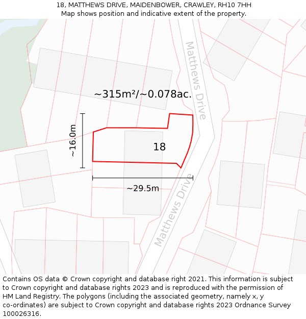 18, MATTHEWS DRIVE, MAIDENBOWER, CRAWLEY, RH10 7HH: Plot and title map