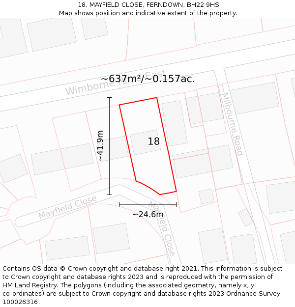 18, MAYFIELD CLOSE, FERNDOWN, BH22 9HS: Plot and title map