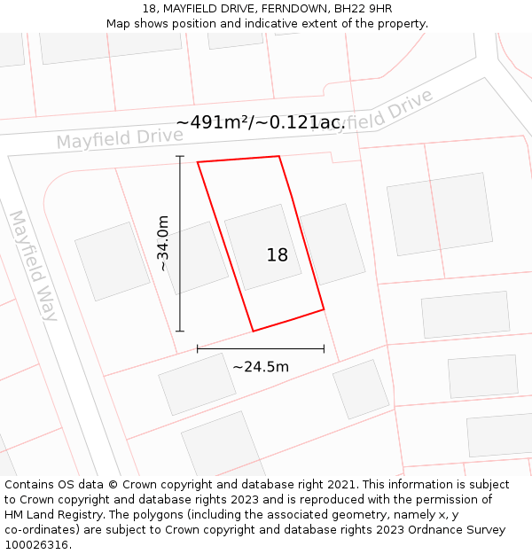 18, MAYFIELD DRIVE, FERNDOWN, BH22 9HR: Plot and title map