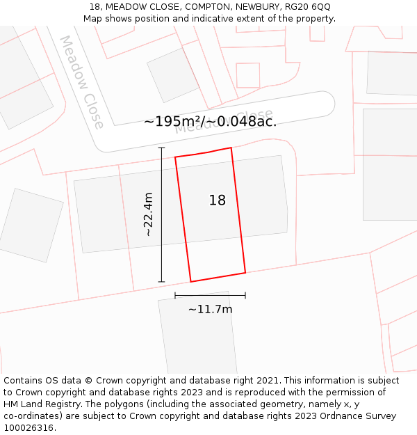 18, MEADOW CLOSE, COMPTON, NEWBURY, RG20 6QQ: Plot and title map