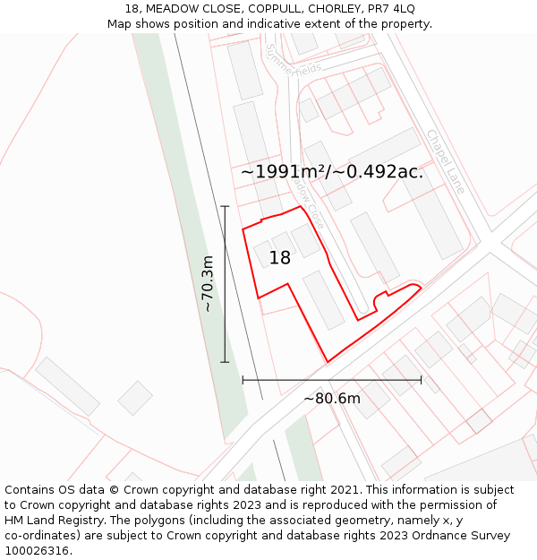 18, MEADOW CLOSE, COPPULL, CHORLEY, PR7 4LQ: Plot and title map
