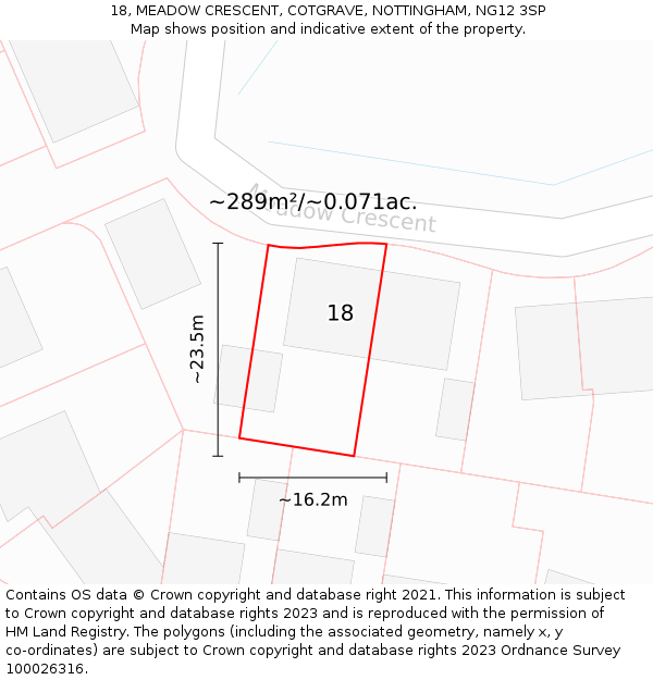 18, MEADOW CRESCENT, COTGRAVE, NOTTINGHAM, NG12 3SP: Plot and title map