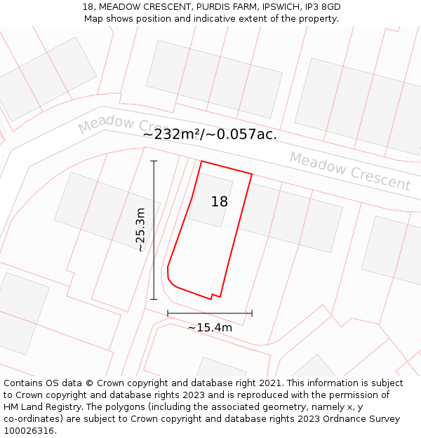 18, MEADOW CRESCENT, PURDIS FARM, IPSWICH, IP3 8GD: Plot and title map