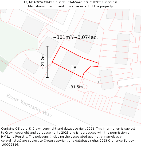 18, MEADOW GRASS CLOSE, STANWAY, COLCHESTER, CO3 0PL: Plot and title map