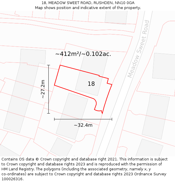 18, MEADOW SWEET ROAD, RUSHDEN, NN10 0GA: Plot and title map