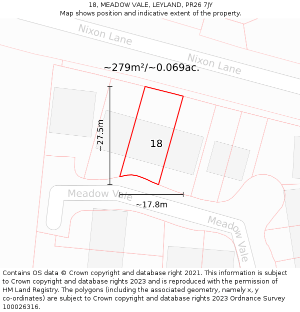 18, MEADOW VALE, LEYLAND, PR26 7JY: Plot and title map