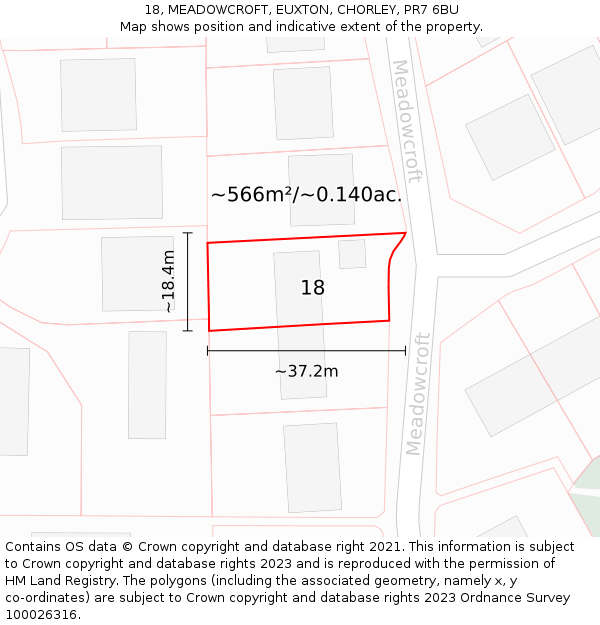 18, MEADOWCROFT, EUXTON, CHORLEY, PR7 6BU: Plot and title map