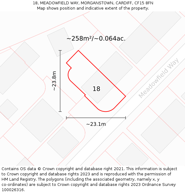 18, MEADOWFIELD WAY, MORGANSTOWN, CARDIFF, CF15 8FN: Plot and title map
