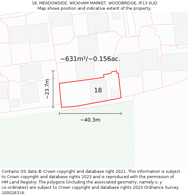 18, MEADOWSIDE, WICKHAM MARKET, WOODBRIDGE, IP13 0UD: Plot and title map