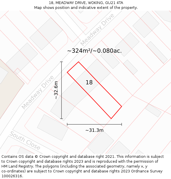 18, MEADWAY DRIVE, WOKING, GU21 4TA: Plot and title map