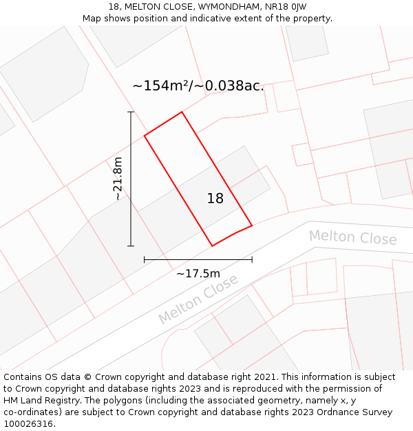 18, MELTON CLOSE, WYMONDHAM, NR18 0JW: Plot and title map