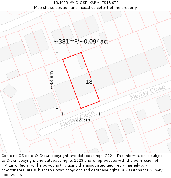 18, MERLAY CLOSE, YARM, TS15 9TE: Plot and title map