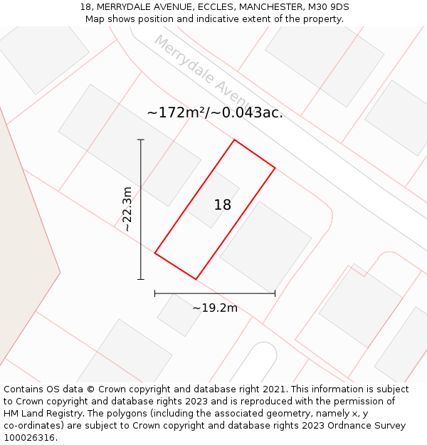 18, MERRYDALE AVENUE, ECCLES, MANCHESTER, M30 9DS: Plot and title map