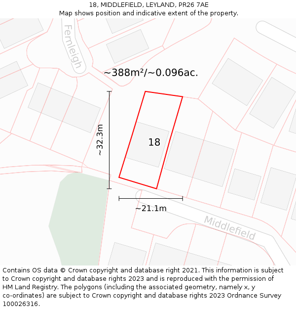 18, MIDDLEFIELD, LEYLAND, PR26 7AE: Plot and title map
