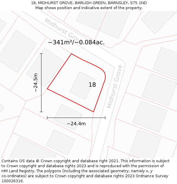 18, MIDHURST GROVE, BARUGH GREEN, BARNSLEY, S75 1ND: Plot and title map