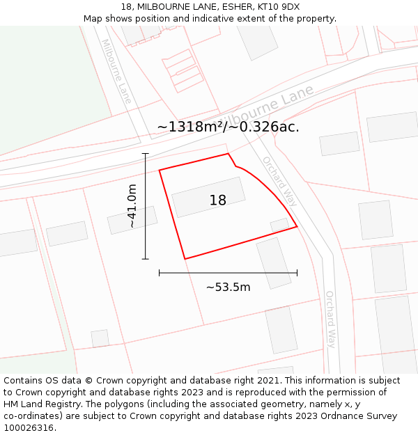 18, MILBOURNE LANE, ESHER, KT10 9DX: Plot and title map