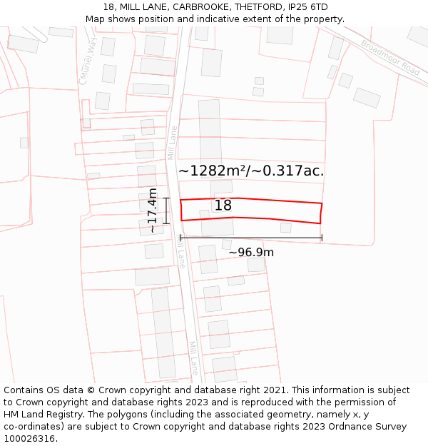 18, MILL LANE, CARBROOKE, THETFORD, IP25 6TD: Plot and title map