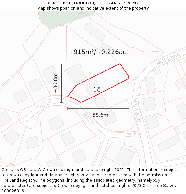18, MILL RISE, BOURTON, GILLINGHAM, SP8 5DH: Plot and title map