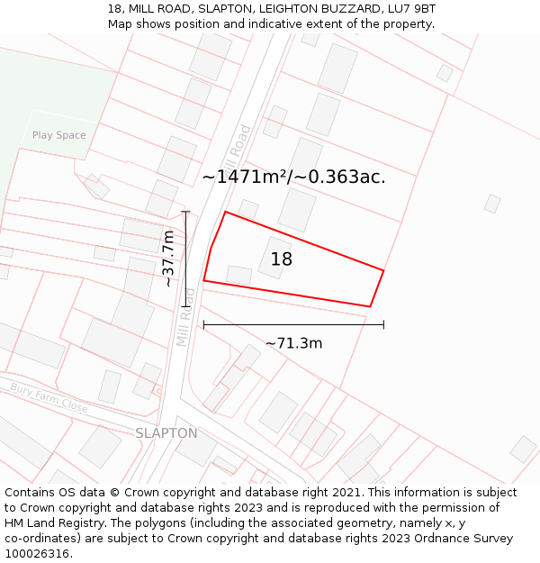 18, MILL ROAD, SLAPTON, LEIGHTON BUZZARD, LU7 9BT: Plot and title map