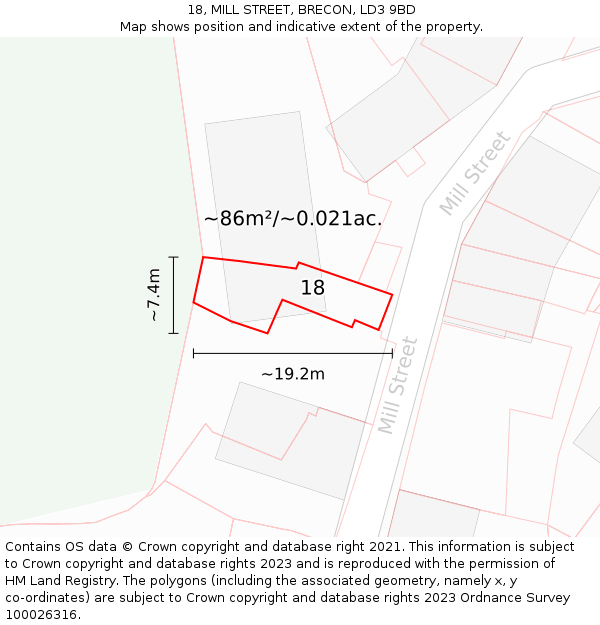 18, MILL STREET, BRECON, LD3 9BD: Plot and title map