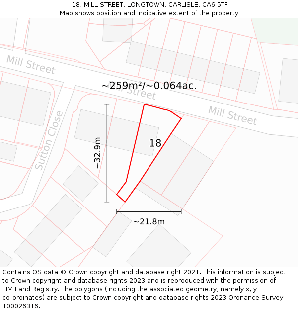 18, MILL STREET, LONGTOWN, CARLISLE, CA6 5TF: Plot and title map