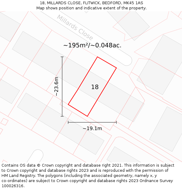 18, MILLARDS CLOSE, FLITWICK, BEDFORD, MK45 1AS: Plot and title map