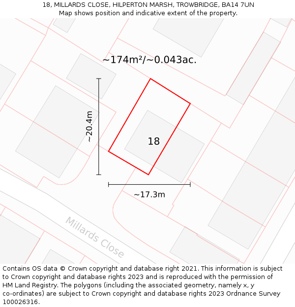 18, MILLARDS CLOSE, HILPERTON MARSH, TROWBRIDGE, BA14 7UN: Plot and title map