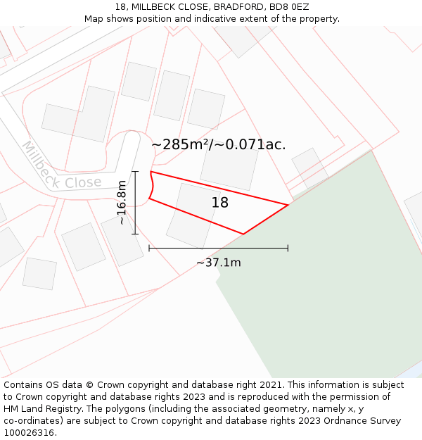 18, MILLBECK CLOSE, BRADFORD, BD8 0EZ: Plot and title map