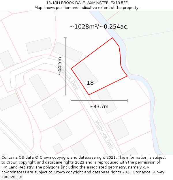 18, MILLBROOK DALE, AXMINSTER, EX13 5EF: Plot and title map