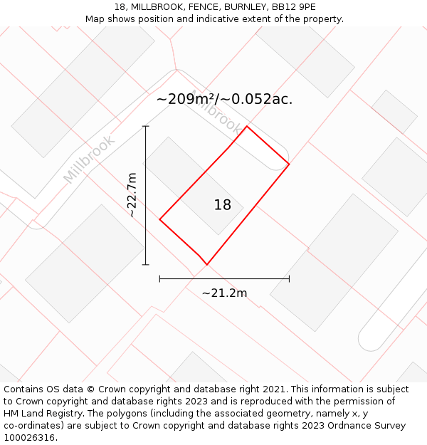 18, MILLBROOK, FENCE, BURNLEY, BB12 9PE: Plot and title map