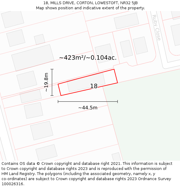 18, MILLS DRIVE, CORTON, LOWESTOFT, NR32 5JB: Plot and title map