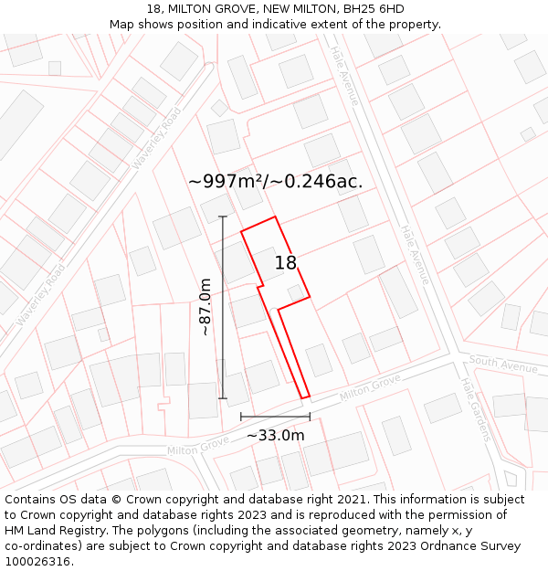 18, MILTON GROVE, NEW MILTON, BH25 6HD: Plot and title map