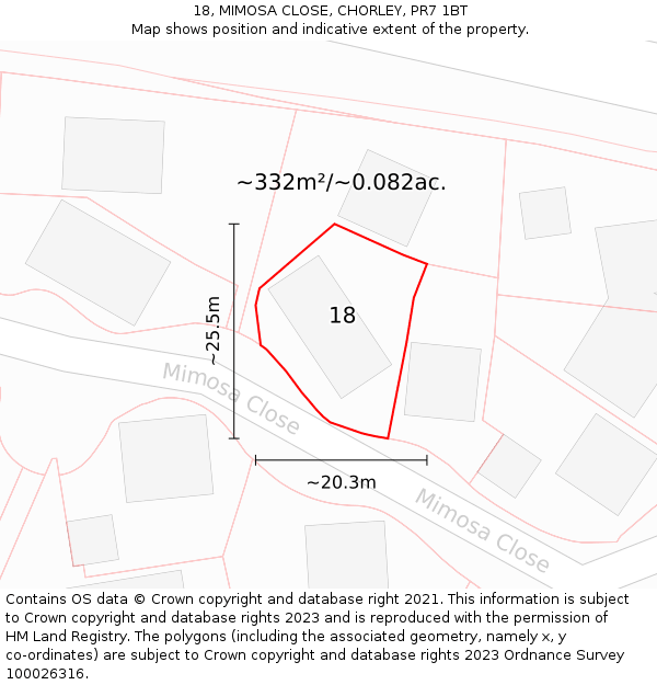 18, MIMOSA CLOSE, CHORLEY, PR7 1BT: Plot and title map