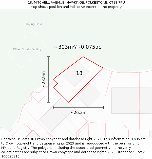 18, MITCHELL AVENUE, HAWKINGE, FOLKESTONE, CT18 7PU: Plot and title map
