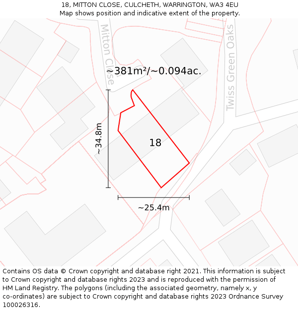 18, MITTON CLOSE, CULCHETH, WARRINGTON, WA3 4EU: Plot and title map