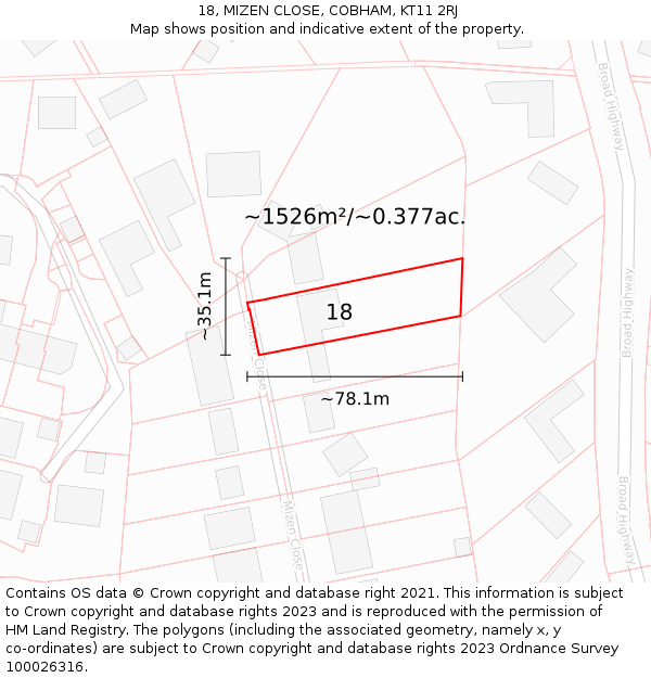 18, MIZEN CLOSE, COBHAM, KT11 2RJ: Plot and title map