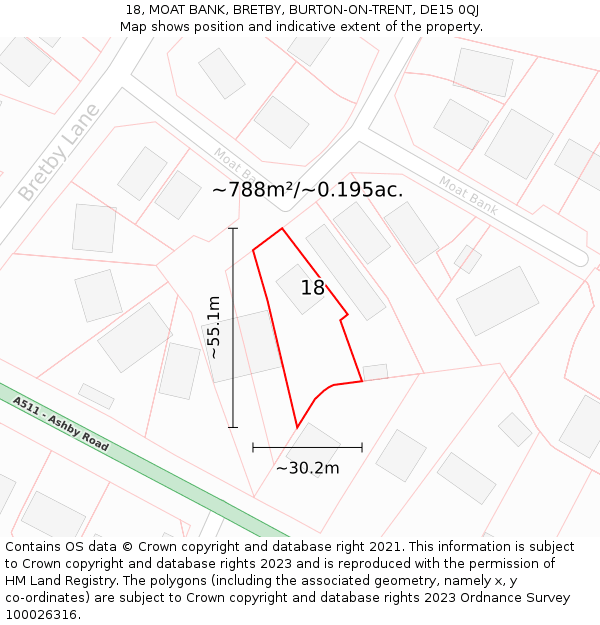 18, MOAT BANK, BRETBY, BURTON-ON-TRENT, DE15 0QJ: Plot and title map