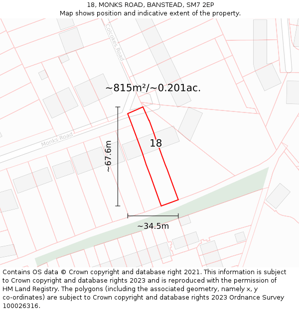 18, MONKS ROAD, BANSTEAD, SM7 2EP: Plot and title map