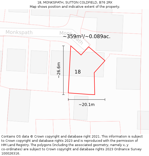 18, MONKSPATH, SUTTON COLDFIELD, B76 2RX: Plot and title map