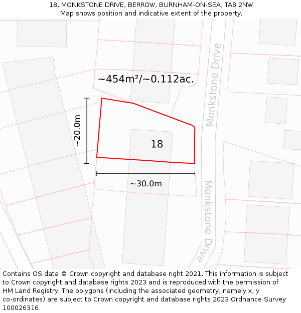18, MONKSTONE DRIVE, BERROW, BURNHAM-ON-SEA, TA8 2NW: Plot and title map