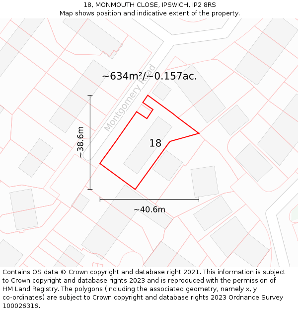 18, MONMOUTH CLOSE, IPSWICH, IP2 8RS: Plot and title map