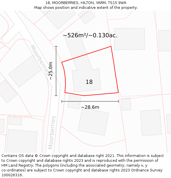 18, MOORBERRIES, HILTON, YARM, TS15 9WA: Plot and title map
