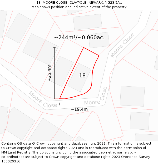 18, MOORE CLOSE, CLAYPOLE, NEWARK, NG23 5AU: Plot and title map