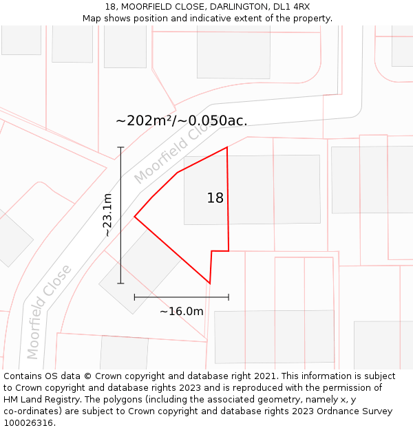18, MOORFIELD CLOSE, DARLINGTON, DL1 4RX: Plot and title map